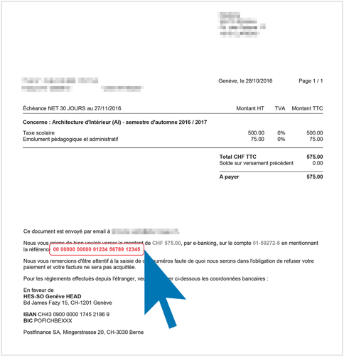 Numéro de e-paiement situé en bas de la facture